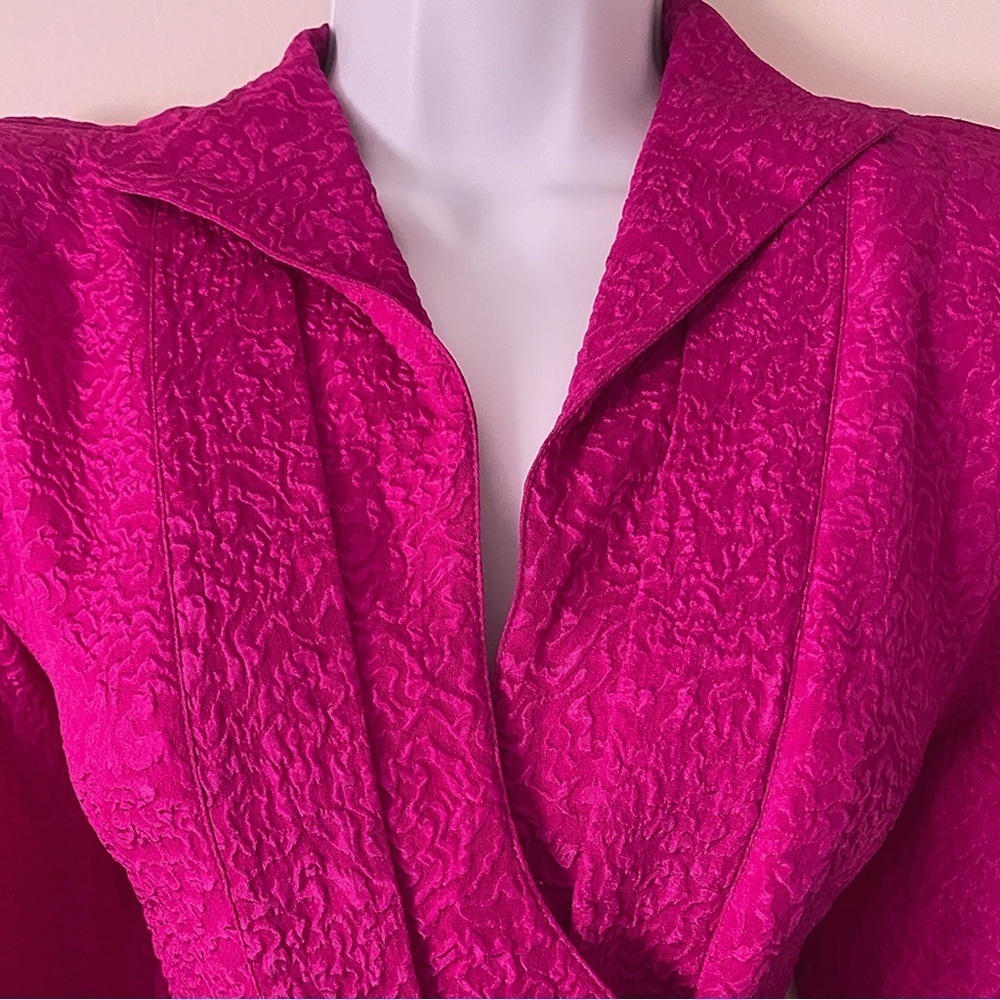 Vintage Silk Hot Pink Button-Up Statement Shoulder Barbiecore Long Sleeve Blouse - Picture 10 of 14